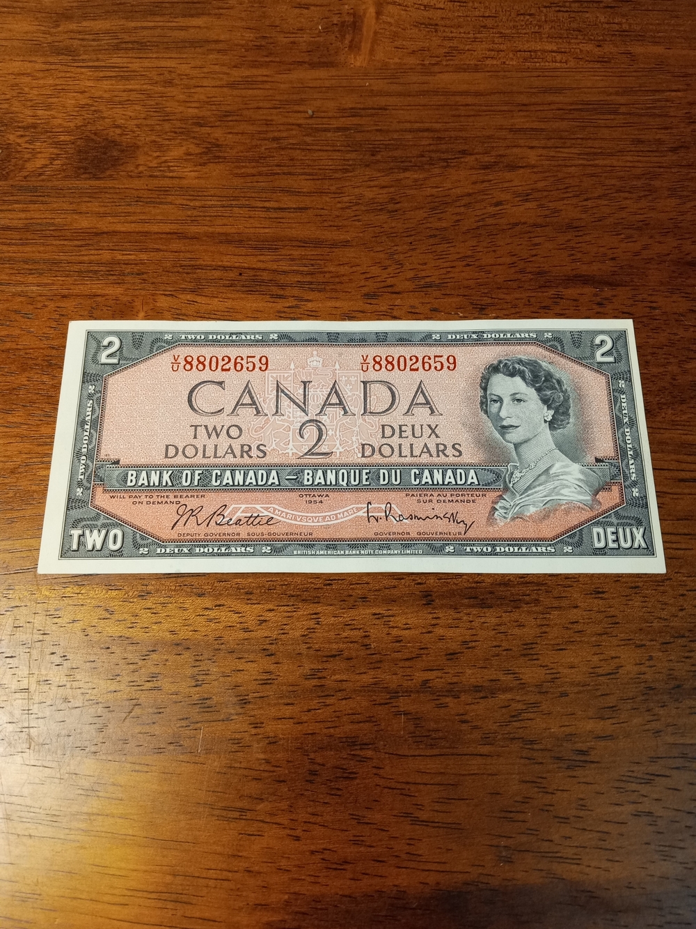 Vintage 1954 Canadian Two Dollar Banknote - Pink & Gray Amazing Condition.